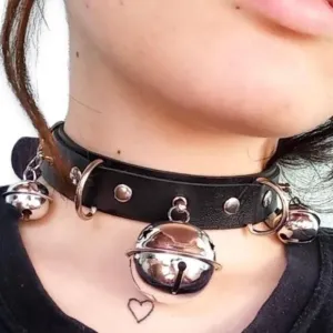 Sassy Black Leather Bells Buckle Choker Necklace