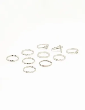 Silver Gothic Cross & Twisted Stacking Rings 12-Pack