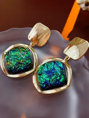 Silver Needle Vintage Retro Diamond Resin Green Earrings