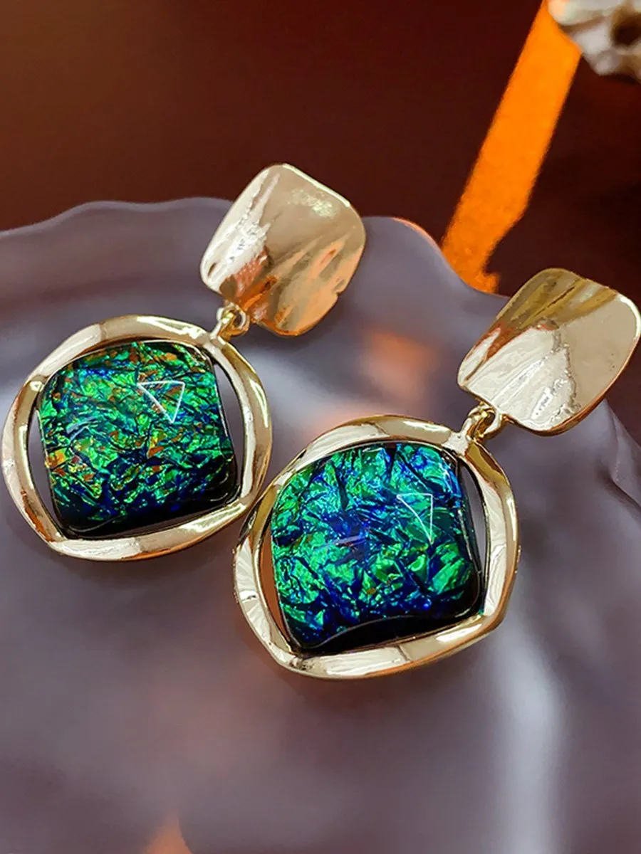 Silver Needle Vintage Retro Diamond Resin Green Earrings