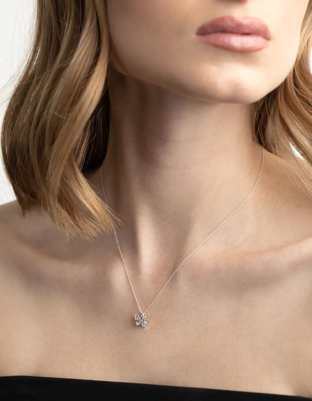 Silver Plated Brass  Pave Butterfly Necklace