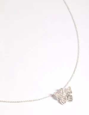 Silver Plated Brass  Pave Butterfly Necklace