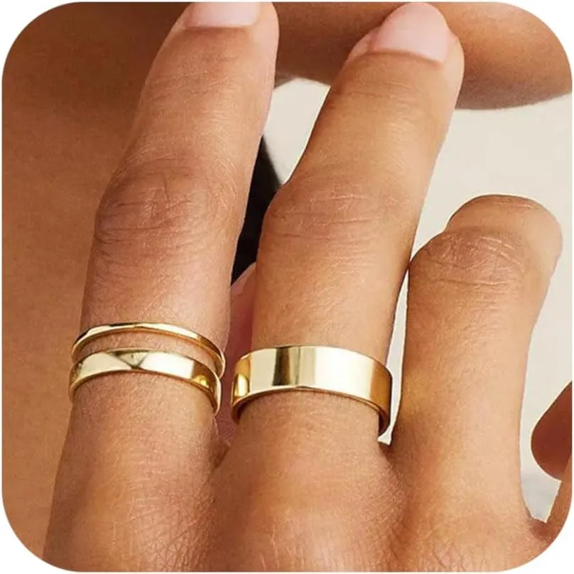 Silver Rings for Women Non Tarnish, Gold Wedding Bands for Men, Stainless Steel Chunky Knuckle Pinky Ring Set for Jewelry Gift Size 5-13