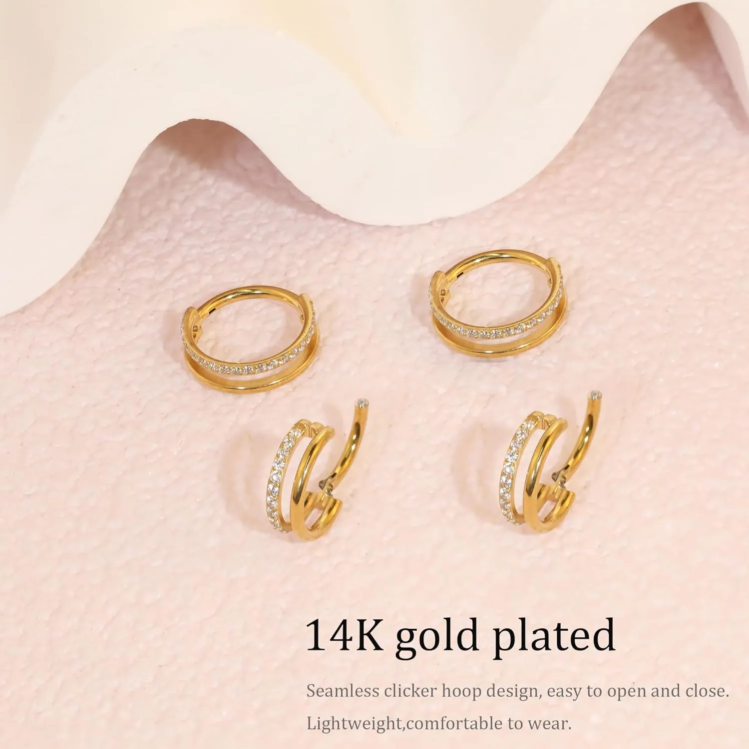 Small Cartilage Double-Hoop Helix Conch Piercing Earrings With Cubic Zirconia For Women Trendy 14K Gold Plated Titanium Surgical Stainless Steel Sets Jewelry