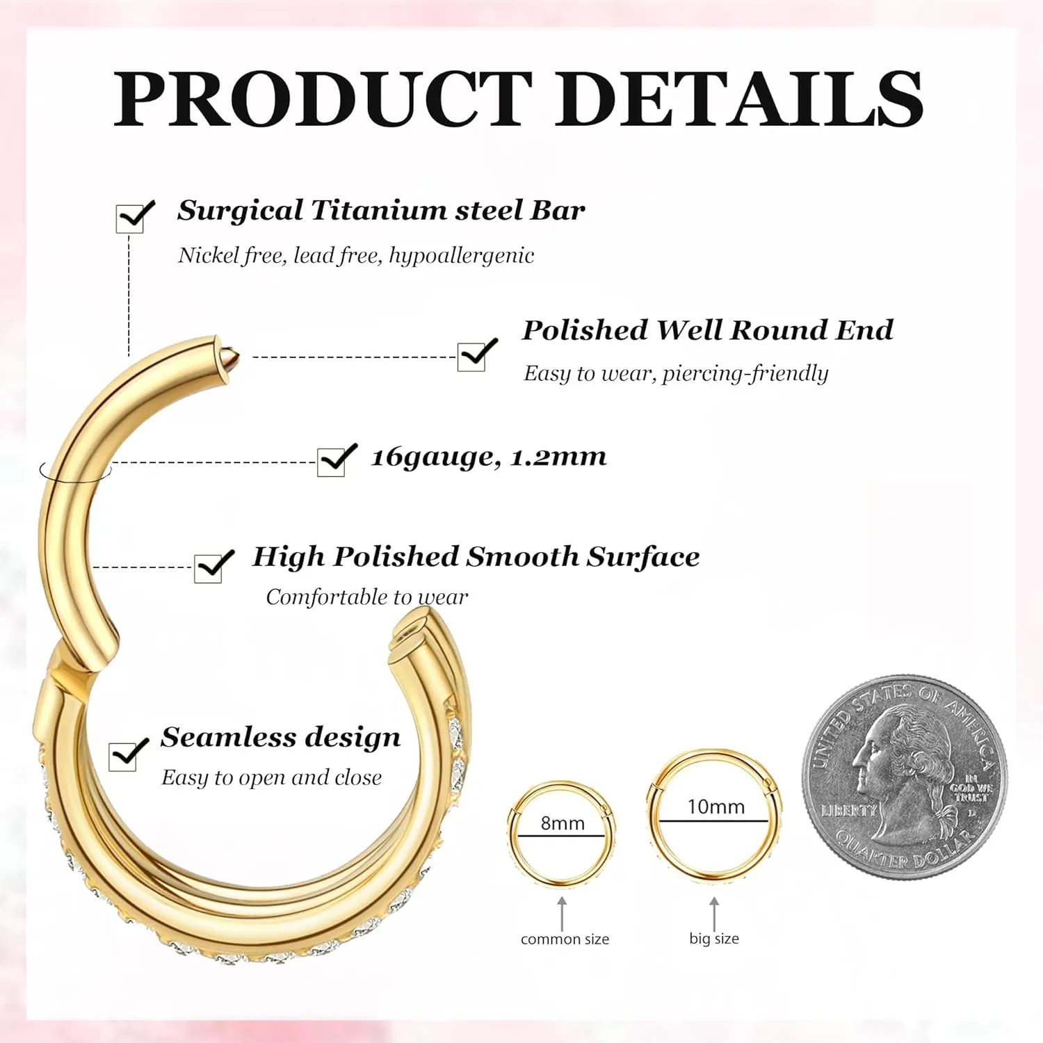 Small Cartilage Double-Hoop Helix Conch Piercing Earrings With Cubic Zirconia For Women Trendy 14K Gold Plated Titanium Surgical Stainless Steel Sets Jewelry