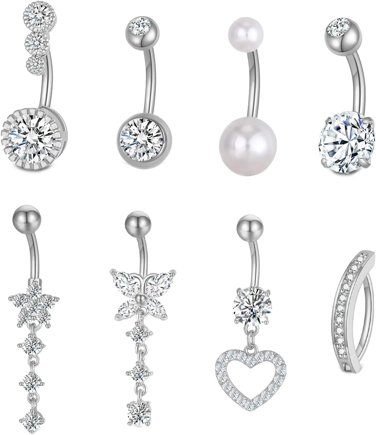 Spiritlele 8Pcs Belly Button Rings for Women 14G Gold Silver CZ Belly Rings Stainless Steel Dangle Clicker Navel Ring Piercing Jewelry with Heart Butterfly