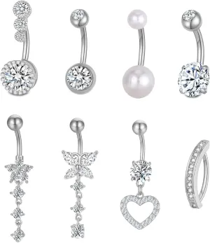 Spiritlele 8Pcs Belly Button Rings for Women 14G Gold Silver CZ Belly Rings Stainless Steel Dangle Clicker Navel Ring Piercing Jewelry with Heart Butterfly