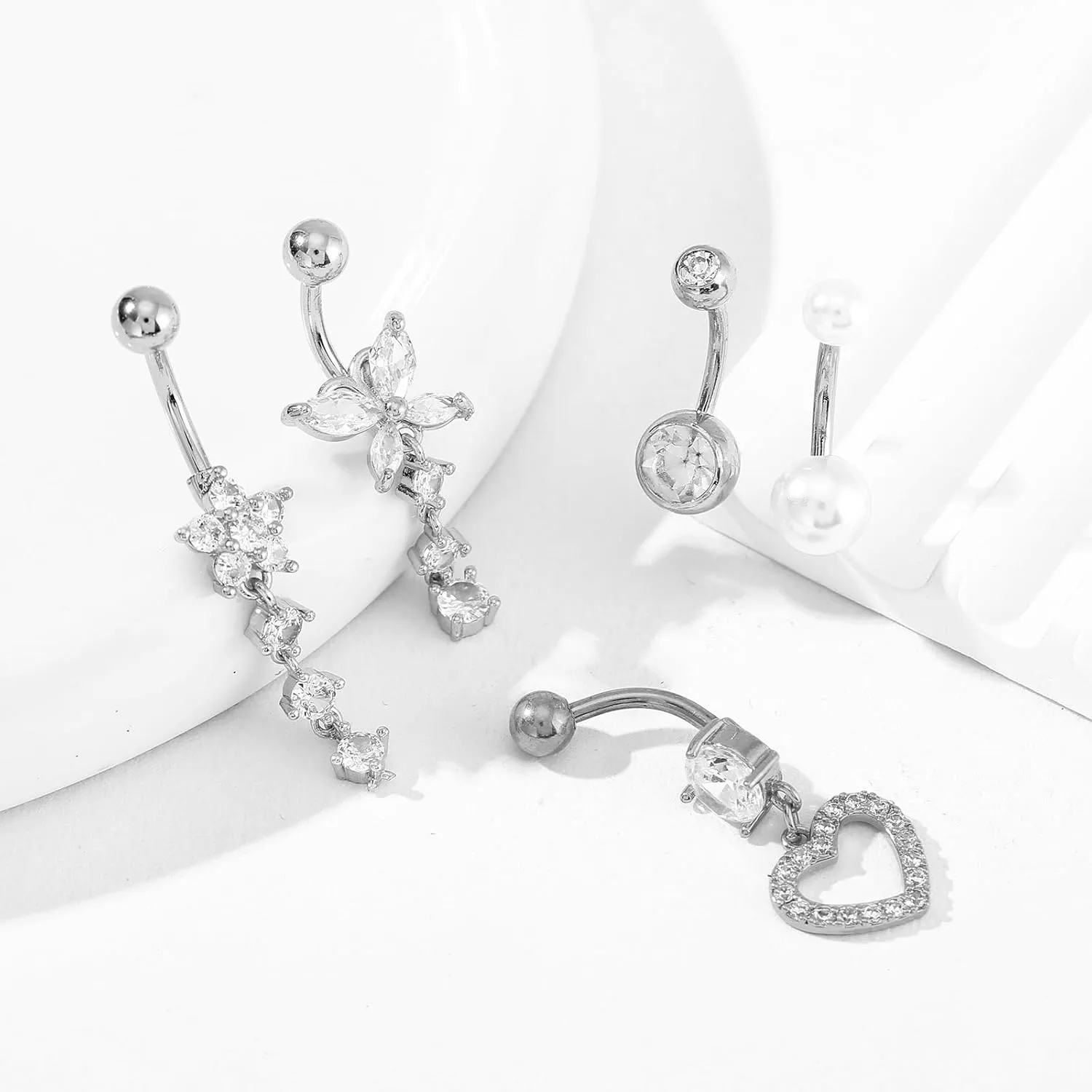 Spiritlele 8Pcs Belly Button Rings for Women 14G Gold Silver CZ Belly Rings Stainless Steel Dangle Clicker Navel Ring Piercing Jewelry with Heart Butterfly