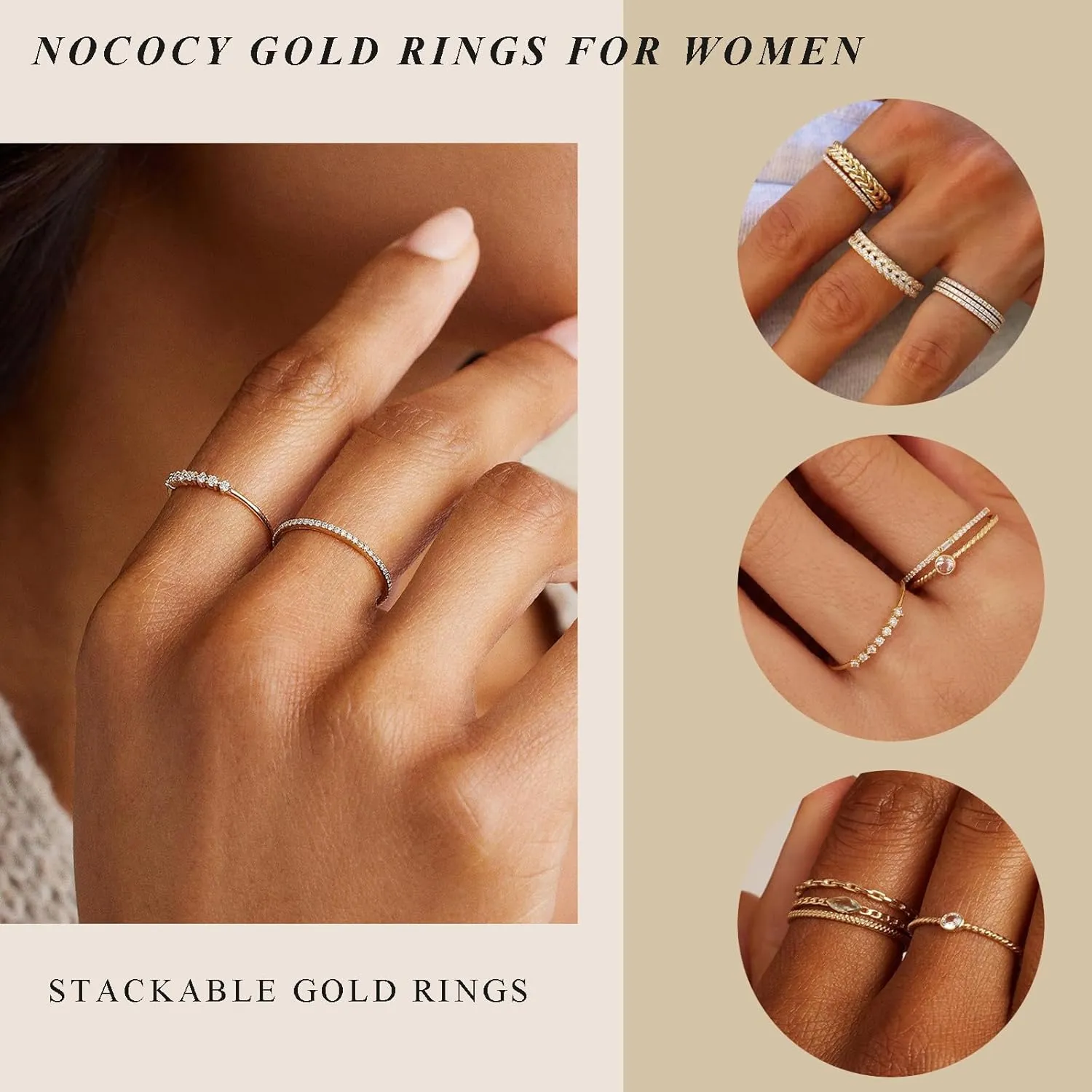 Stackable Gold Rings for Women Non Tarnish Dainty Stacking Rings Set Cubic Zirconia Trendy Thin Bands Rings Jewelry for Women