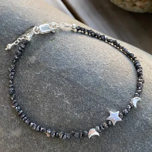Star & Moon Black Diamond and Sterling Silver Layering Bracelet
