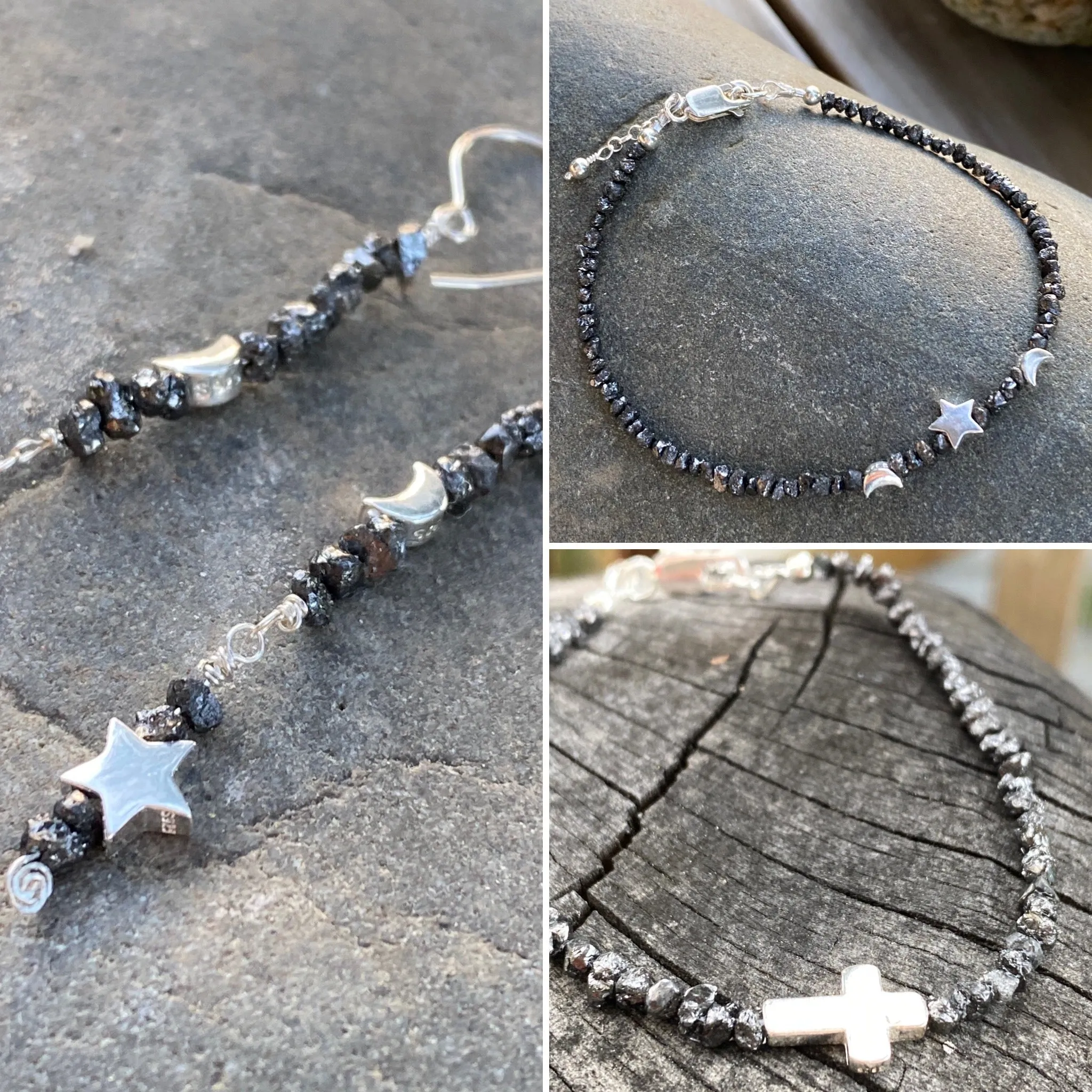 Star & Moon Black Diamond and Sterling Silver Layering Bracelet