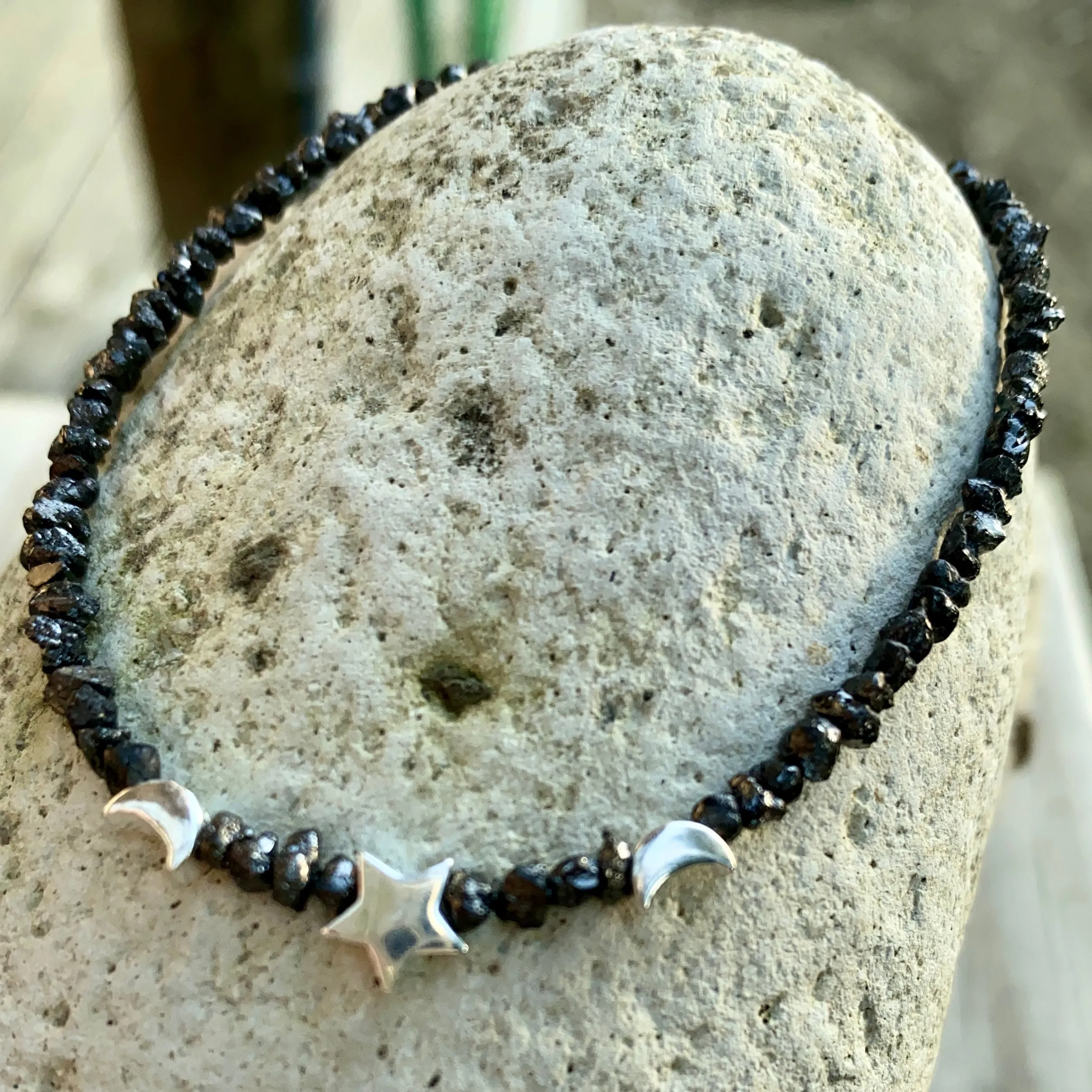 Star & Moon Black Diamond and Sterling Silver Layering Bracelet