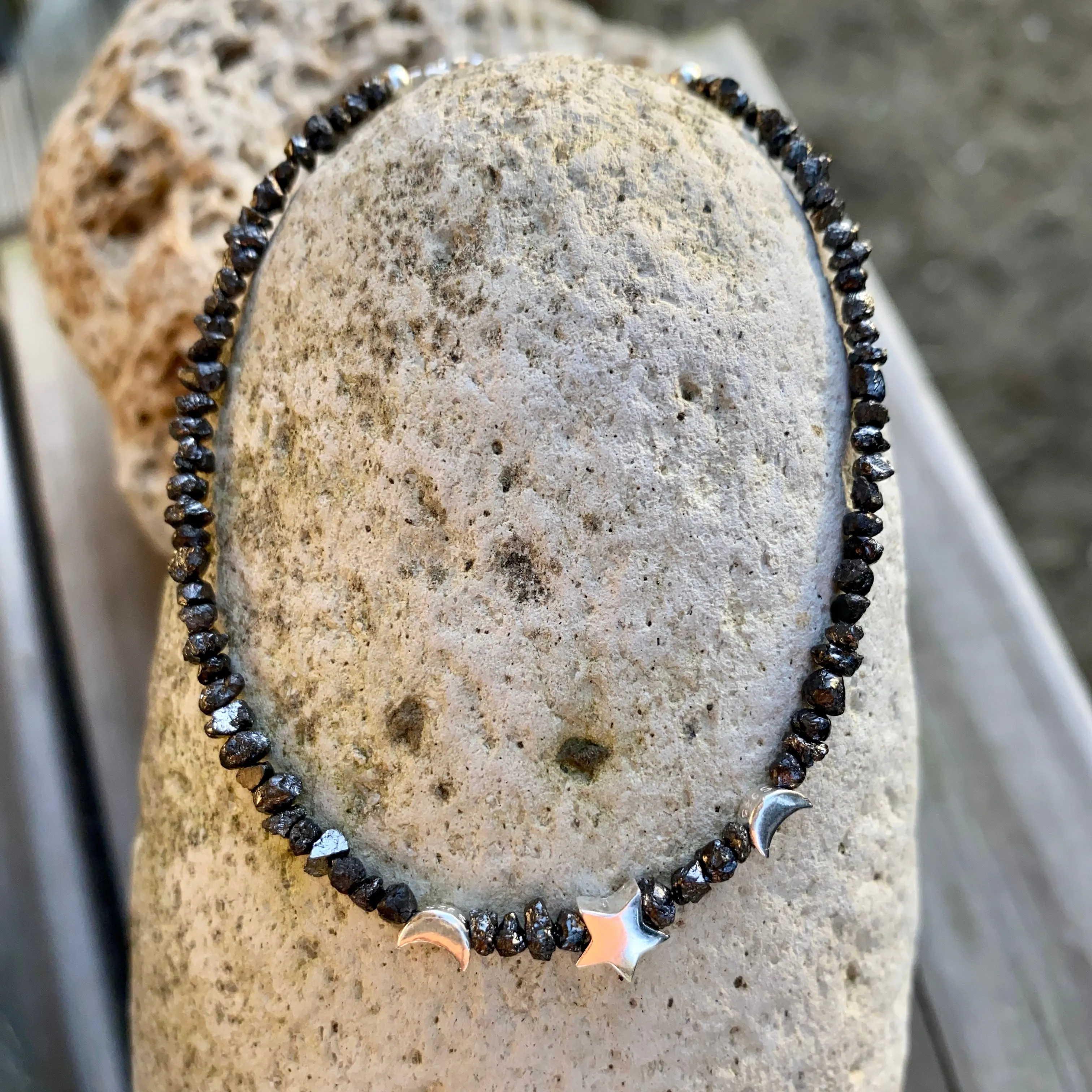 Star & Moon Black Diamond and Sterling Silver Layering Bracelet