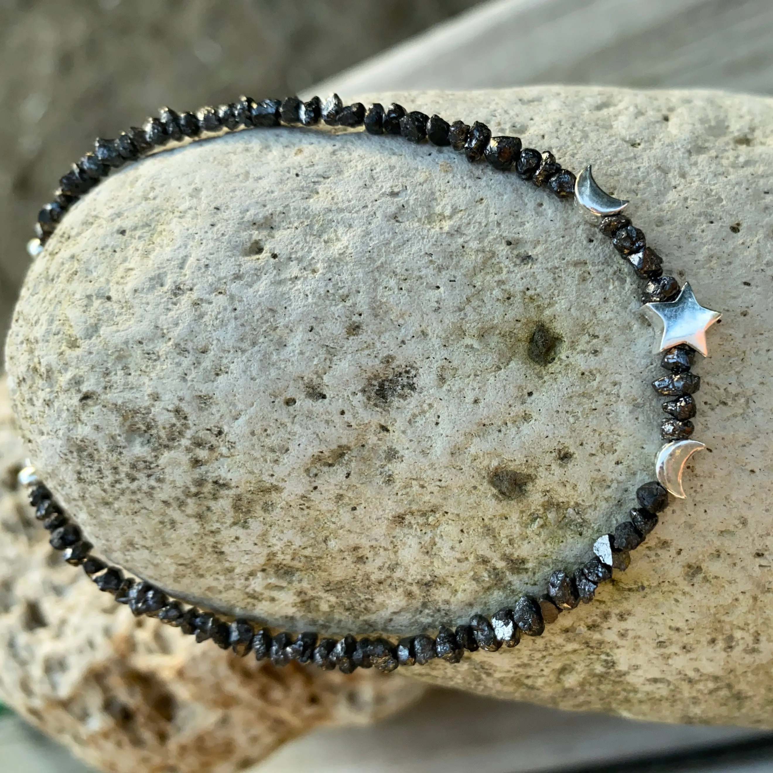 Star & Moon Black Diamond and Sterling Silver Layering Bracelet