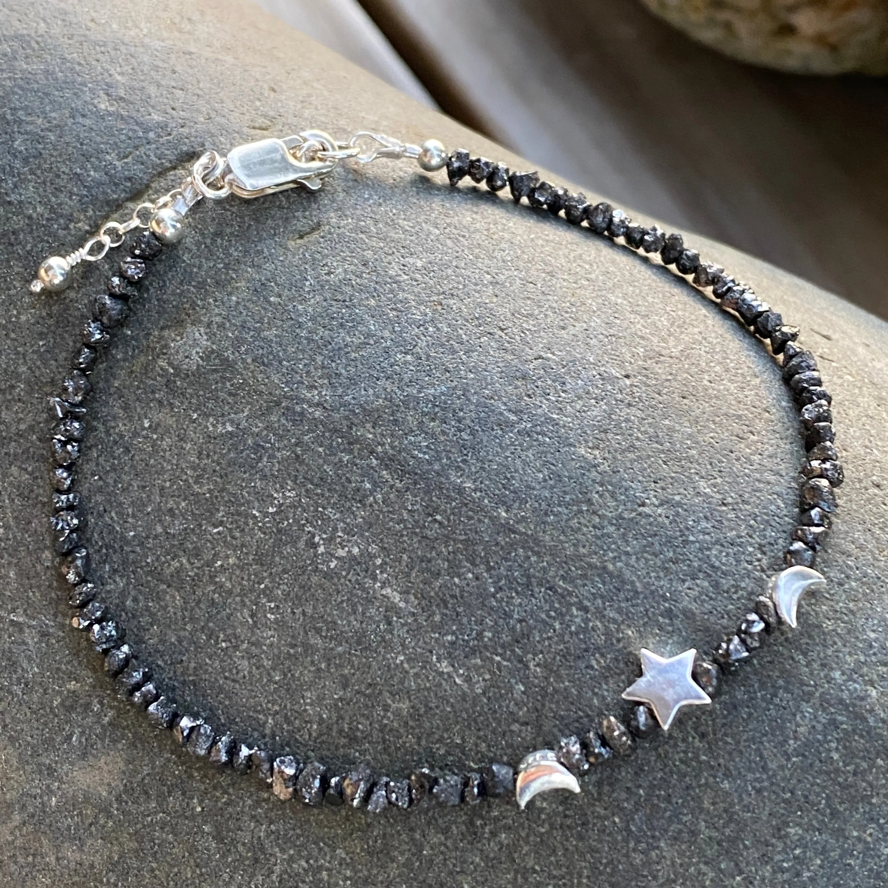 Star & Moon Black Diamond and Sterling Silver Layering Bracelet