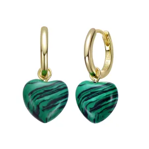 Sterling Silver 14k Gold Plated Simulated Malachite Puffed Heart Dangle Earrings