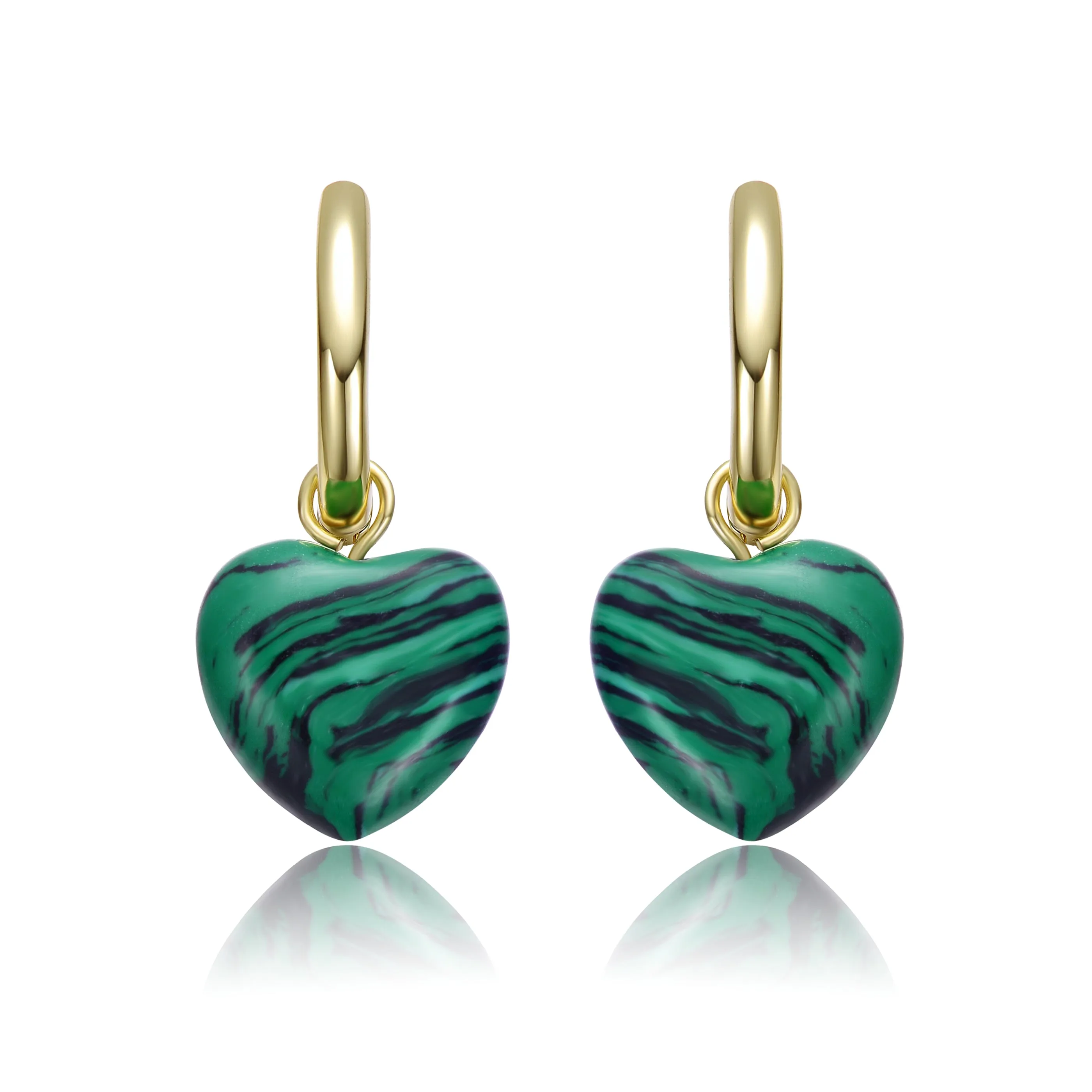 Sterling Silver 14k Gold Plated Simulated Malachite Puffed Heart Dangle Earrings