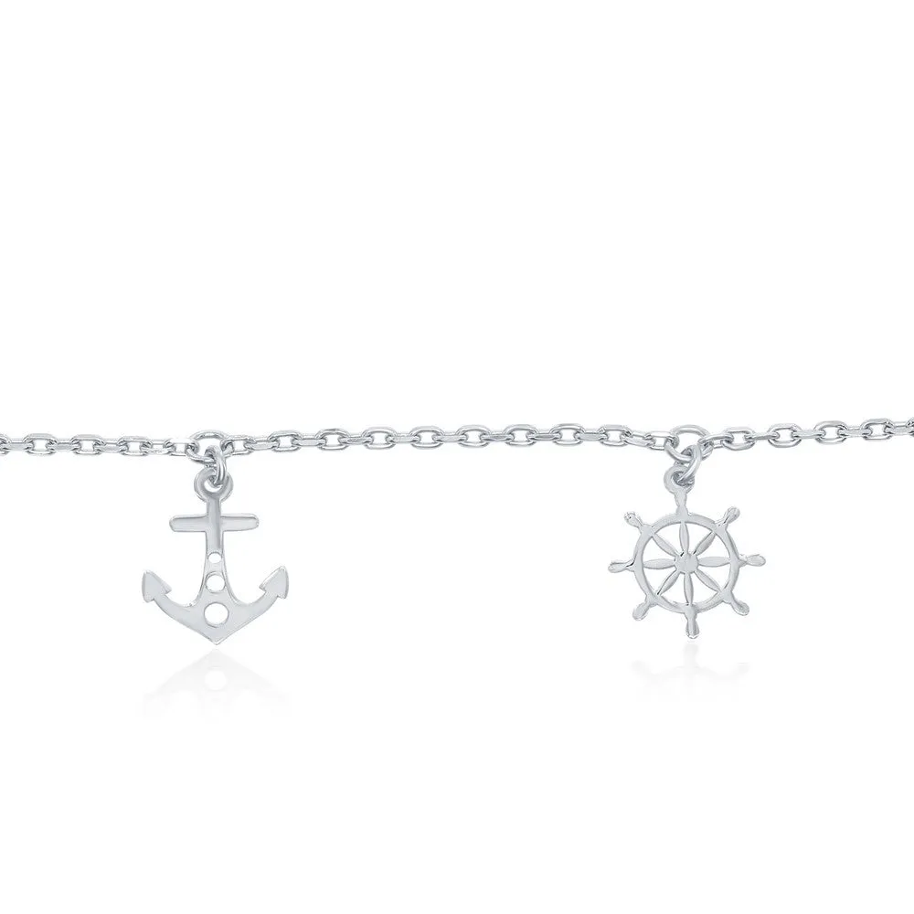 Sterling Silver Alternating  Anchor and Ship Wheel Anklet