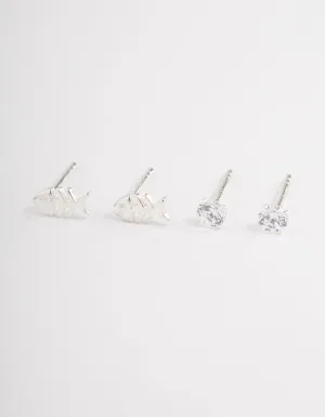 Sterling Silver Diamante & Fish Stud Earring Pack