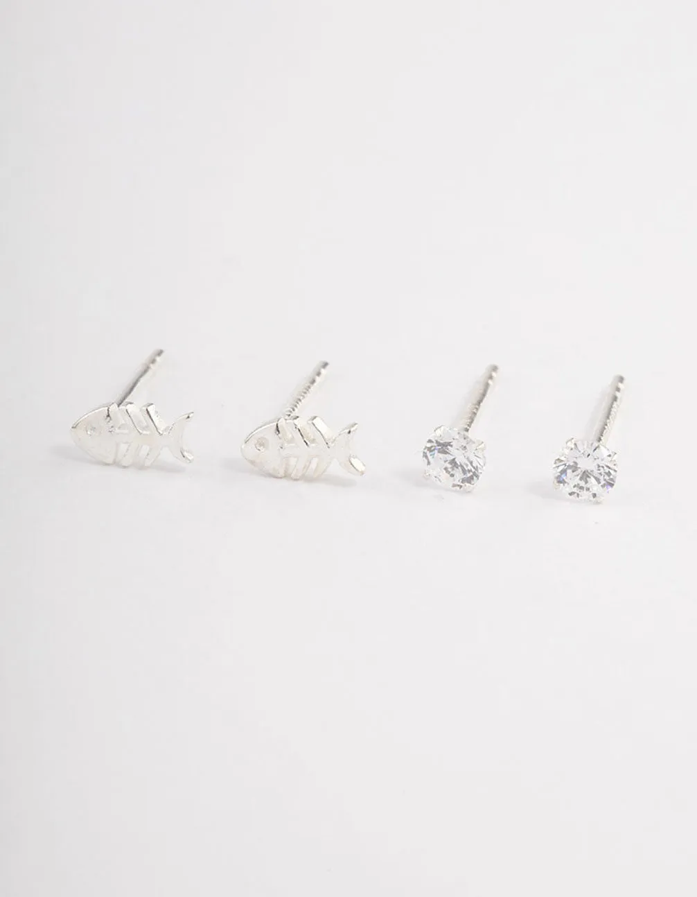 Sterling Silver Diamante & Fish Stud Earring Pack