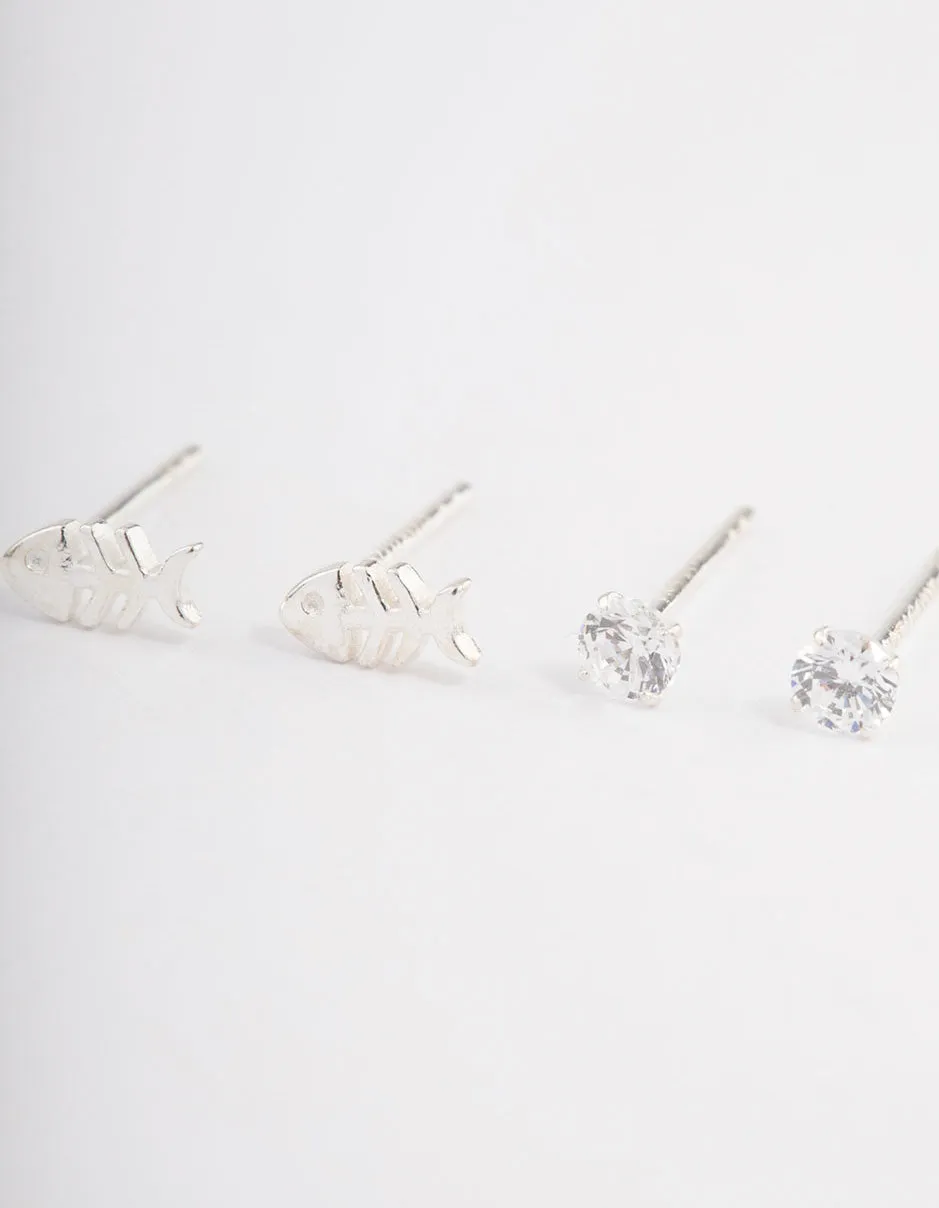 Sterling Silver Diamante & Fish Stud Earring Pack
