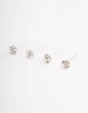 Sterling Silver Diamante Flower Stud Earring Pack