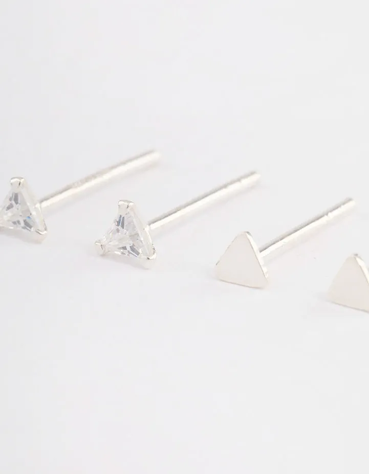 Sterling Silver Plain & Diamante Triangle Stud Earring Pack