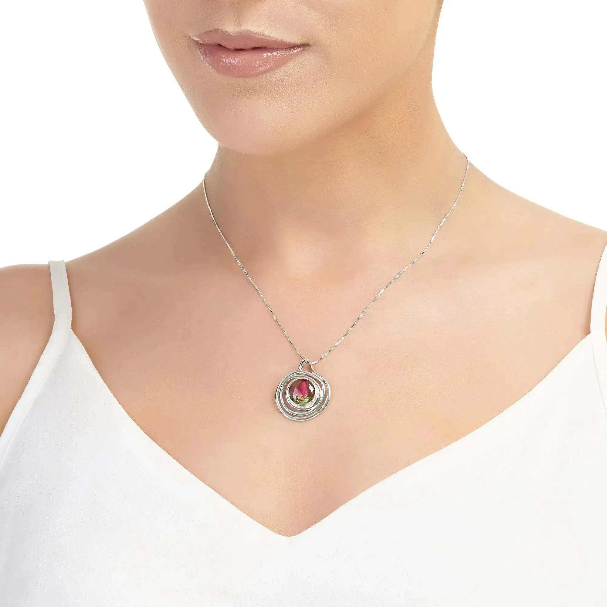 Sterling Silver Spiral Pendant Necklace with Real Miniature Rose