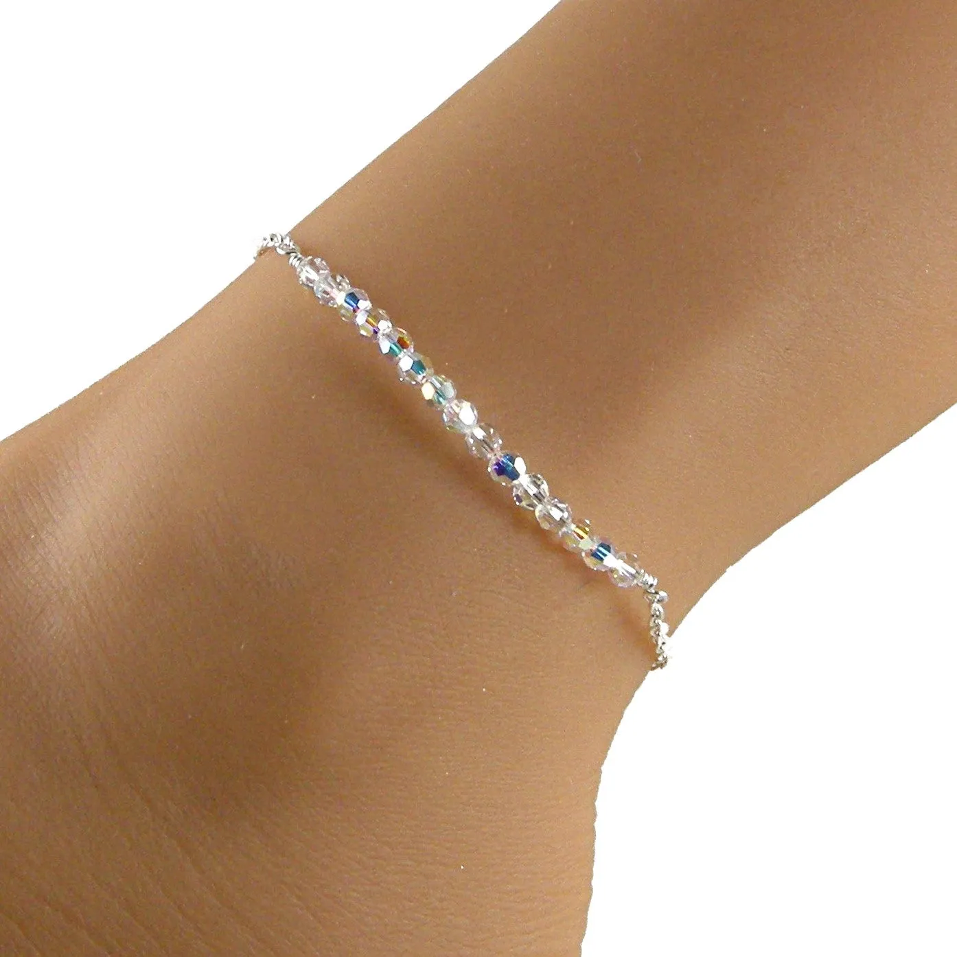 Swarovski Crystal Anklet, Clear Crystal Silver Chain Anklet