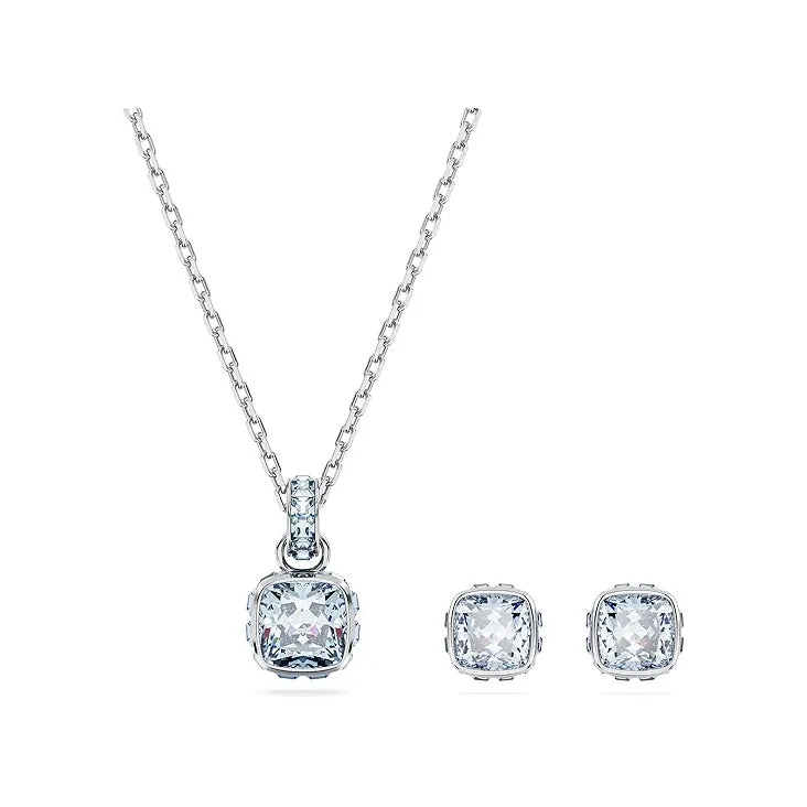Swarovski Women's Blue Square-Cut Stone and Crystals in a Rhodium-Finished Setting March Birthstone Stud Earrings - 5660800