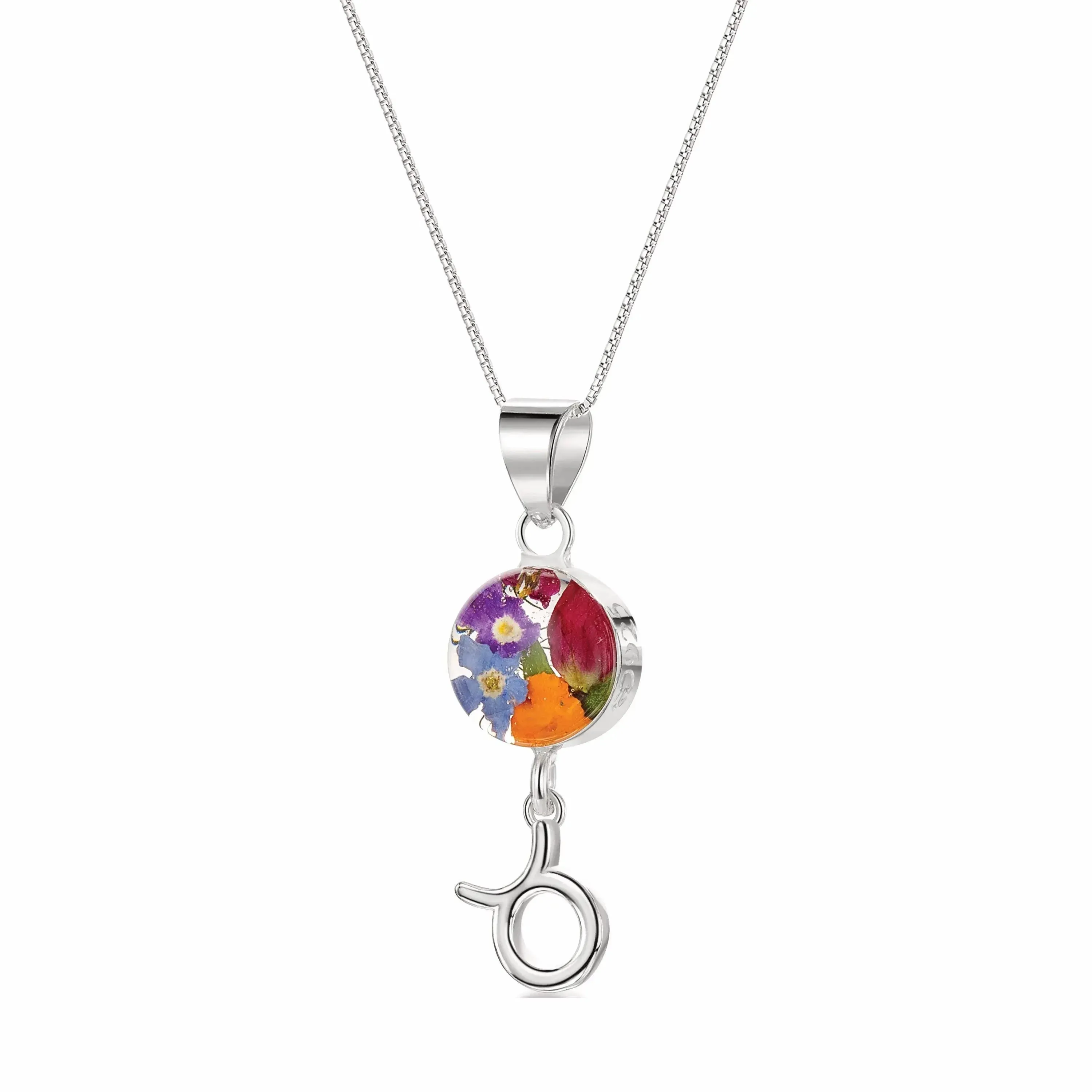 Taurus Necklace - Sterling silver pendant with real flowers & a zodiac charm.  More Options...