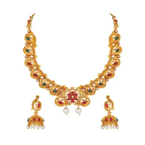 Traditional Multicolour Peacock and Floral Shaped White Kundan Chokar Necklace Set