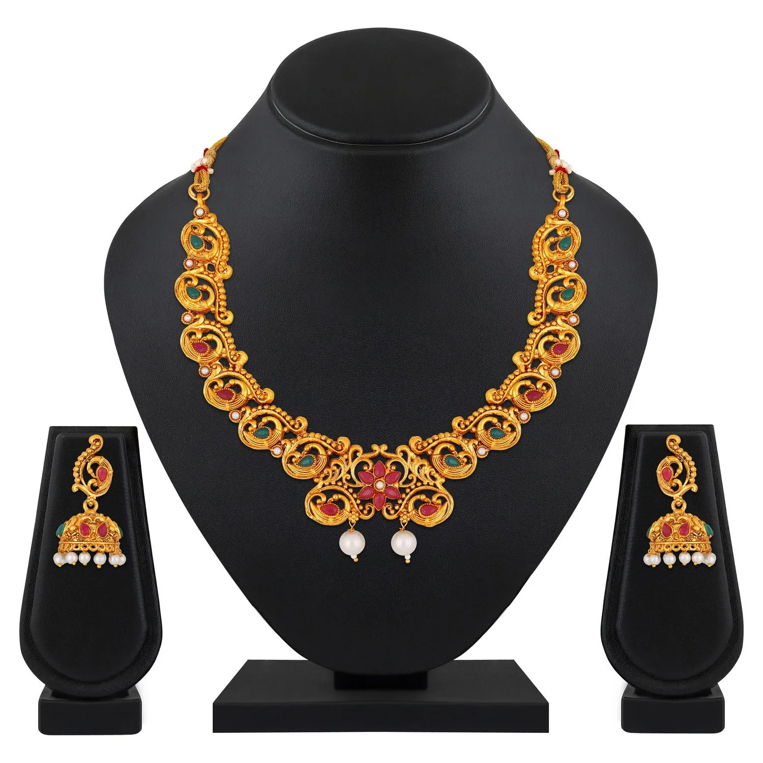 Traditional Multicolour Peacock and Floral Shaped White Kundan Chokar Necklace Set