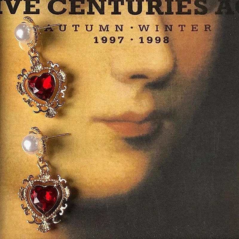 VAIGE Elegant Red Heart Gem Pearl Drop Earrings