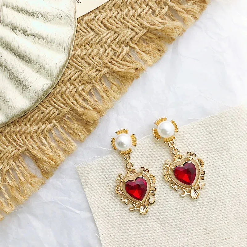 VAIGE Elegant Red Heart Gem Pearl Drop Earrings