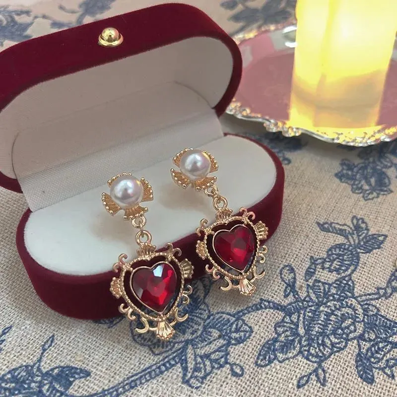 VAIGE Elegant Red Heart Gem Pearl Drop Earrings