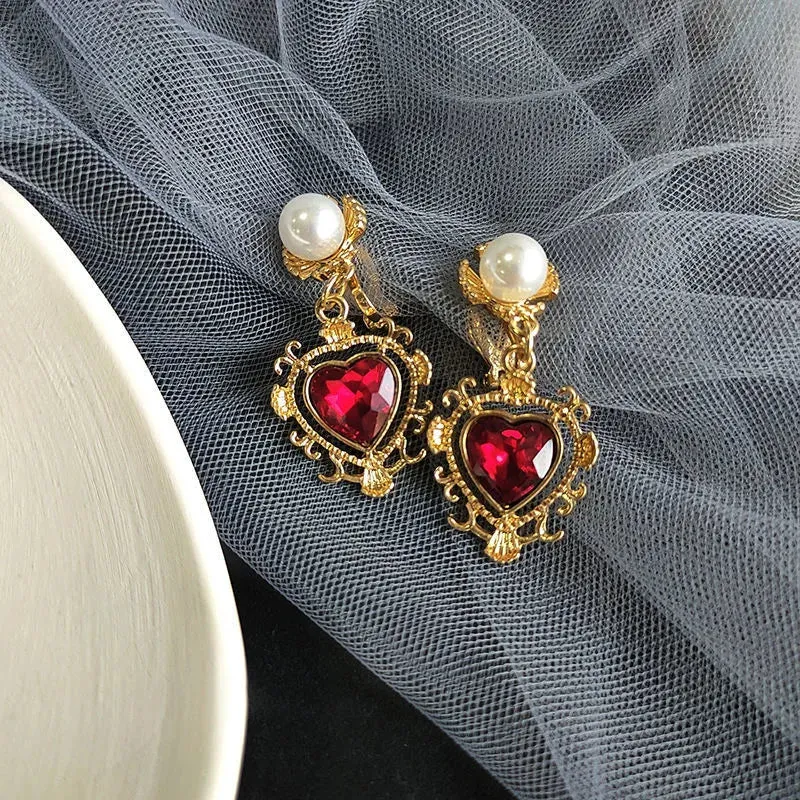 VAIGE Elegant Red Heart Gem Pearl Drop Earrings