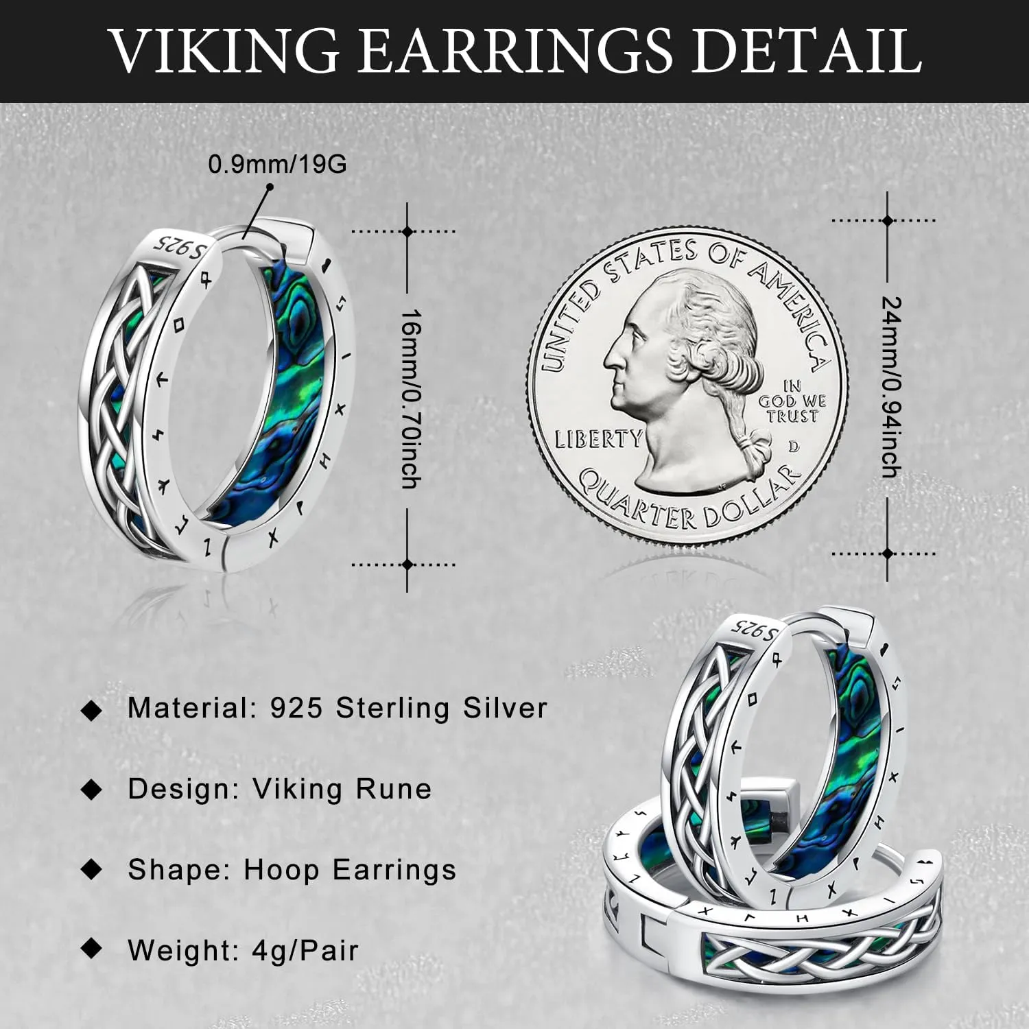 Viking Earrings Norse for Men Women 16mm 925 Sterling Silver Huggie Rune Celtic Hoop Earring Viking Jewelry Gifts Sturdy Punk Hoop Earrings Silver