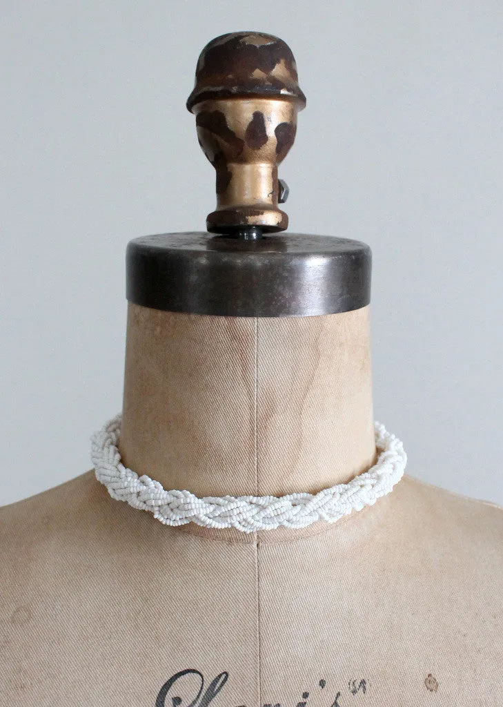 Vintage 1940s White Glass Micro-Bead Necklace and Earrings