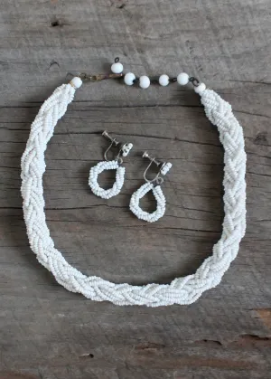 Vintage 1940s White Glass Micro-Bead Necklace and Earrings