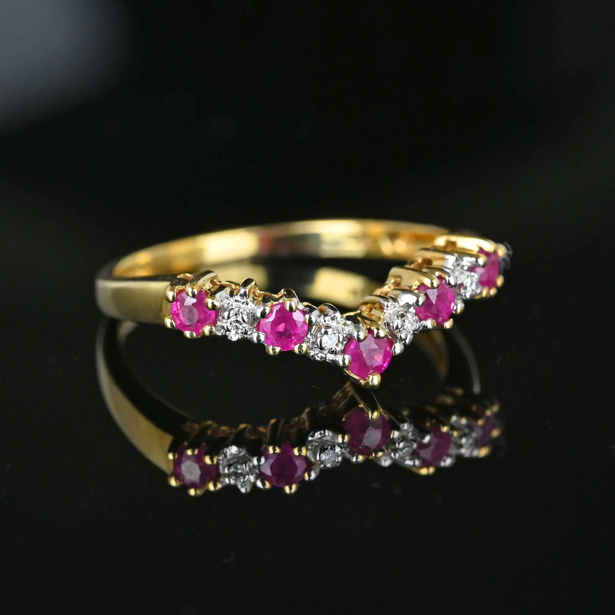 Vintage Gold Diamond & Ruby Chevron Wishbone Ring