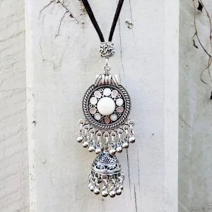 White & Silvertone Boho Chandelier Trinity Drop Long Suede Leather Necklace