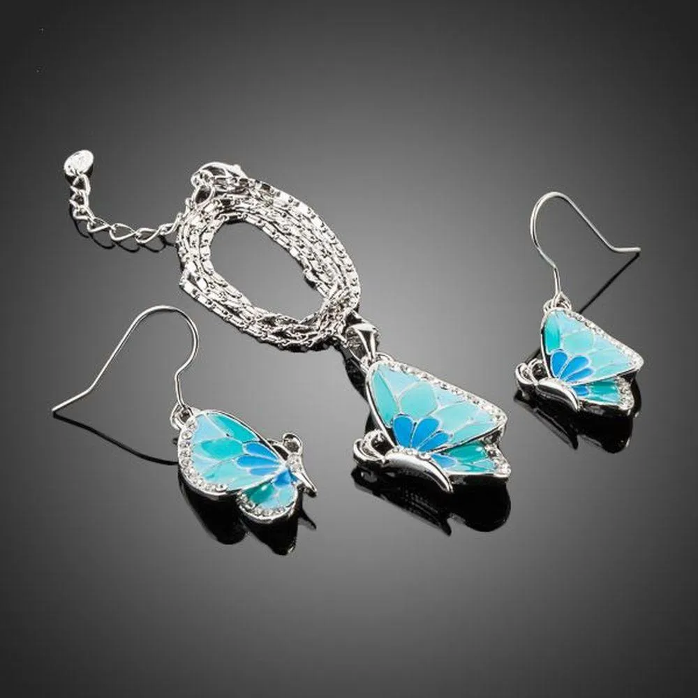 White Gold Stellux Austrian Crystal Butterfly Drop Earrings   Necklace Set