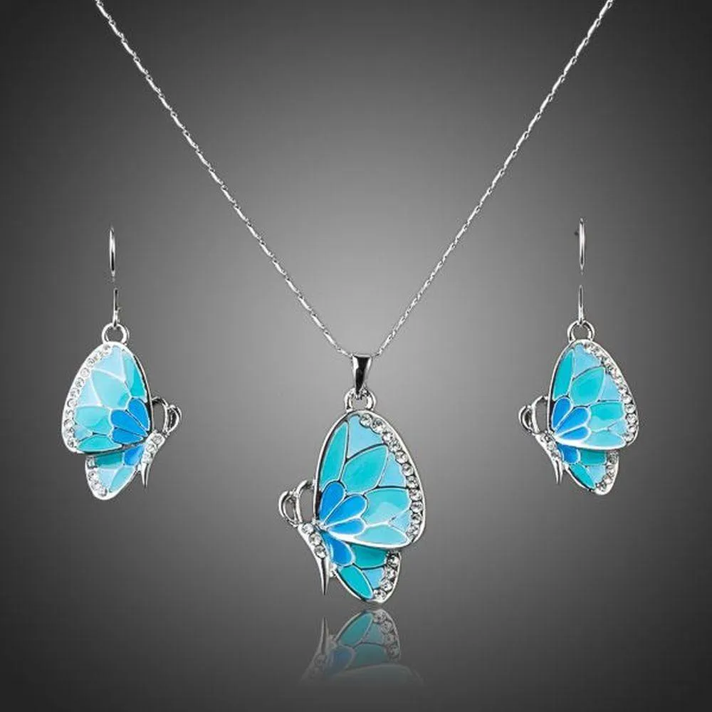 White Gold Stellux Austrian Crystal Butterfly Drop Earrings   Necklace Set