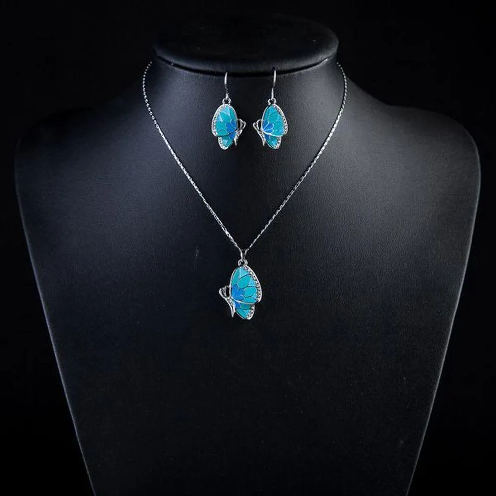 White Gold Stellux Austrian Crystal Butterfly Drop Earrings   Necklace Set