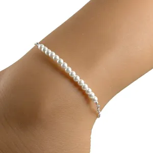 White Pearl Anklet, Pearl Sterling Silver Chain Anklet