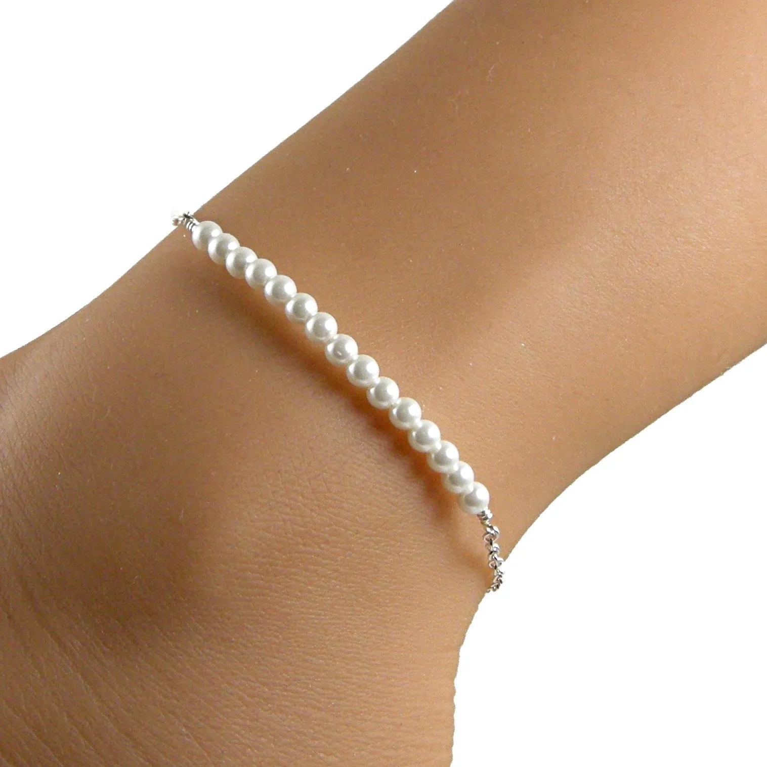 White Pearl Anklet, Pearl Sterling Silver Chain Anklet