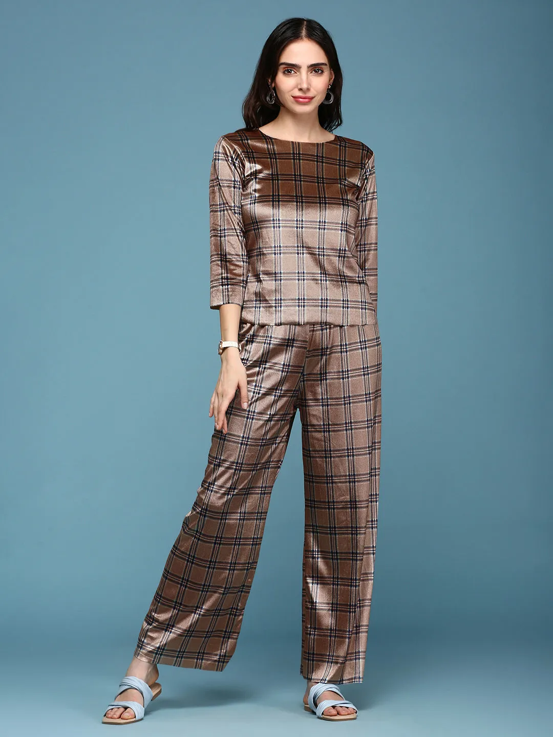 Women Brown Checked Co-Ords