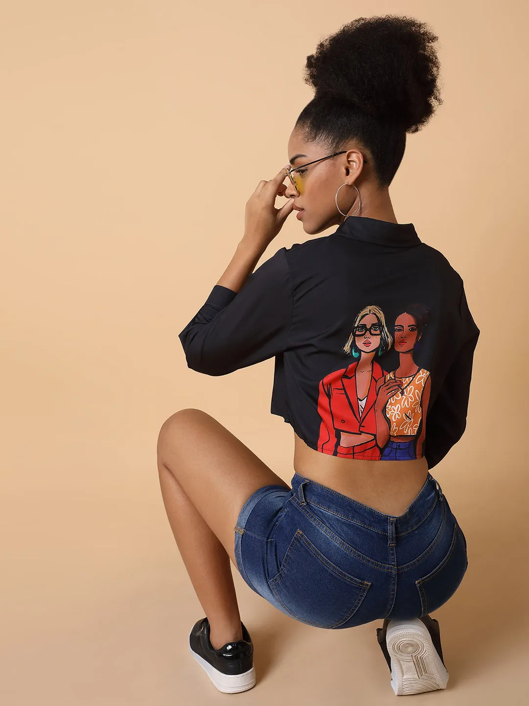Women Graphic Black Crop Boxy Shirt