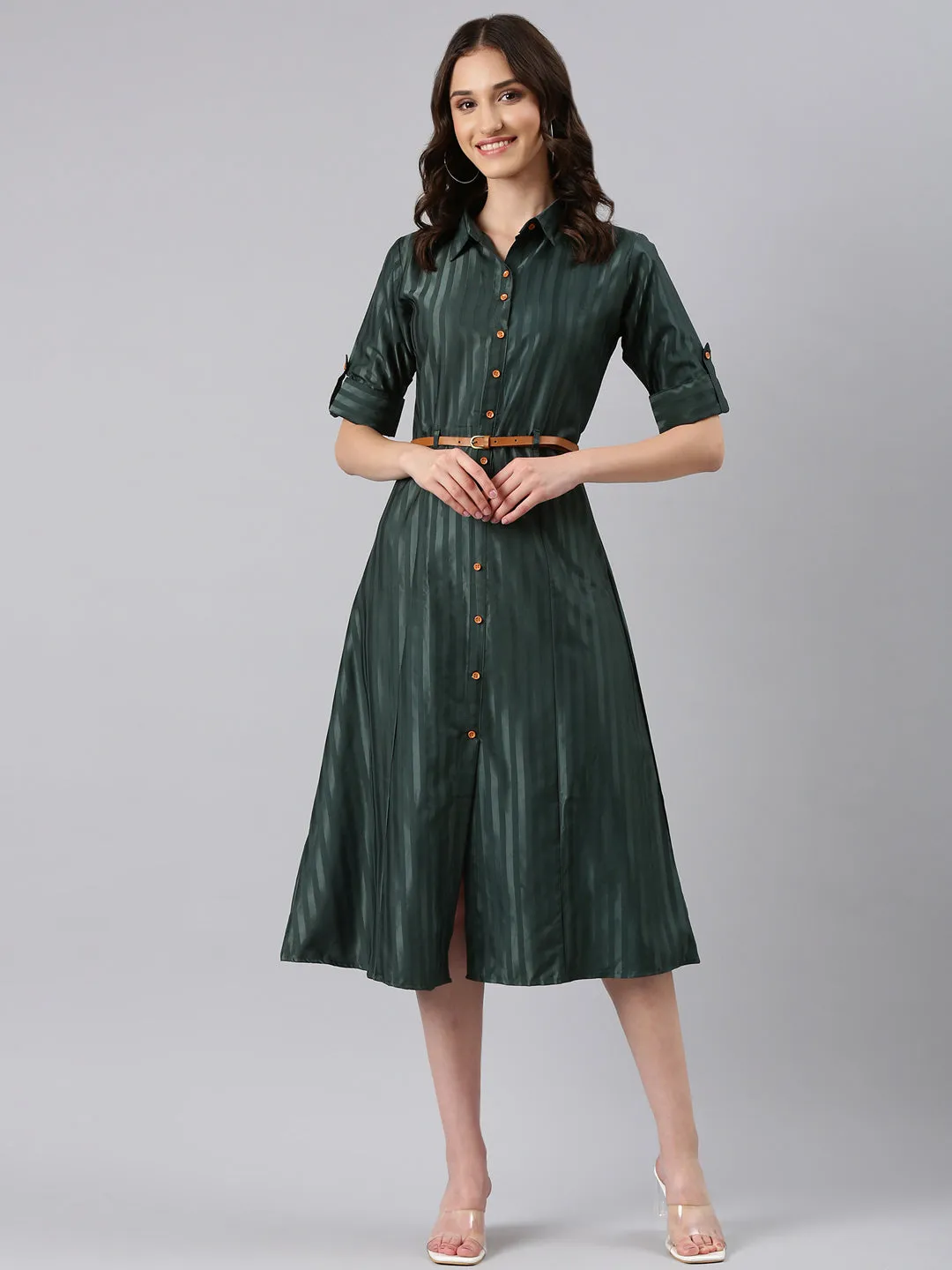 Women Olive Striped Shirt Dress